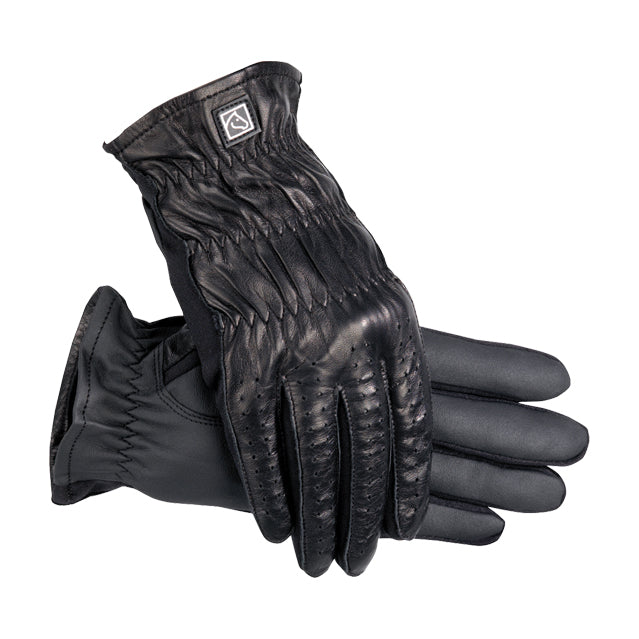 A pair of black equestrian gloves - 3500 SSG All Purpose - with leather back and a horsehead logo on the wrist area.