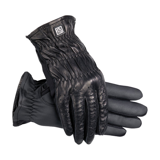 A pair of black equestrian gloves - 3500 SSG All Purpose - with leather back and a horsehead logo on the wrist area.
