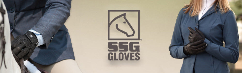 Two people in equestrian attire with SSG gloves, with SSG logo.