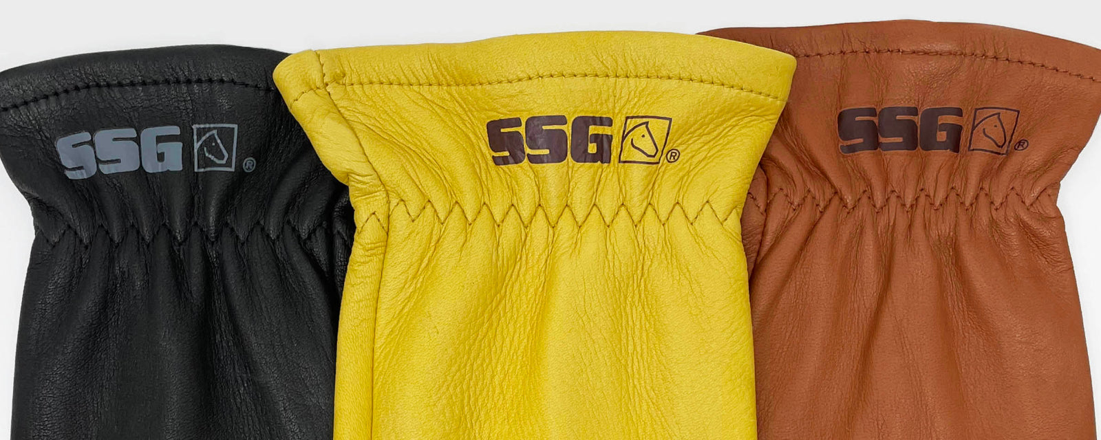 A trio of 1600 SSG Rancher Gloves showing Black, Natural and Acorn availability.