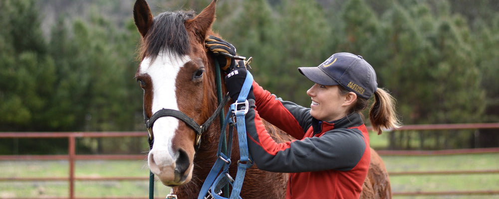 Woman attending to horses bridle wearing SSG 0600 Work and Ranch Gloves